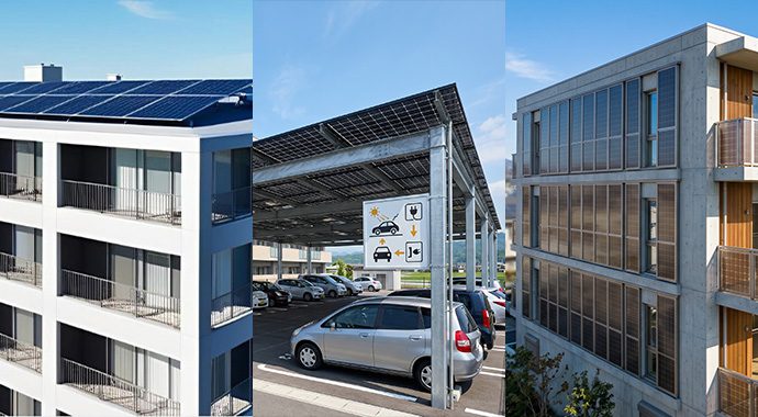 マンション・テナントビルへの太陽光パネル設置パターン（屋上・駐車場カーポート・外壁）を示す説明図