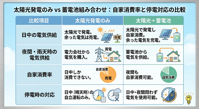太陽光発電単独と蓄電池併用の違いを示すイメージ図